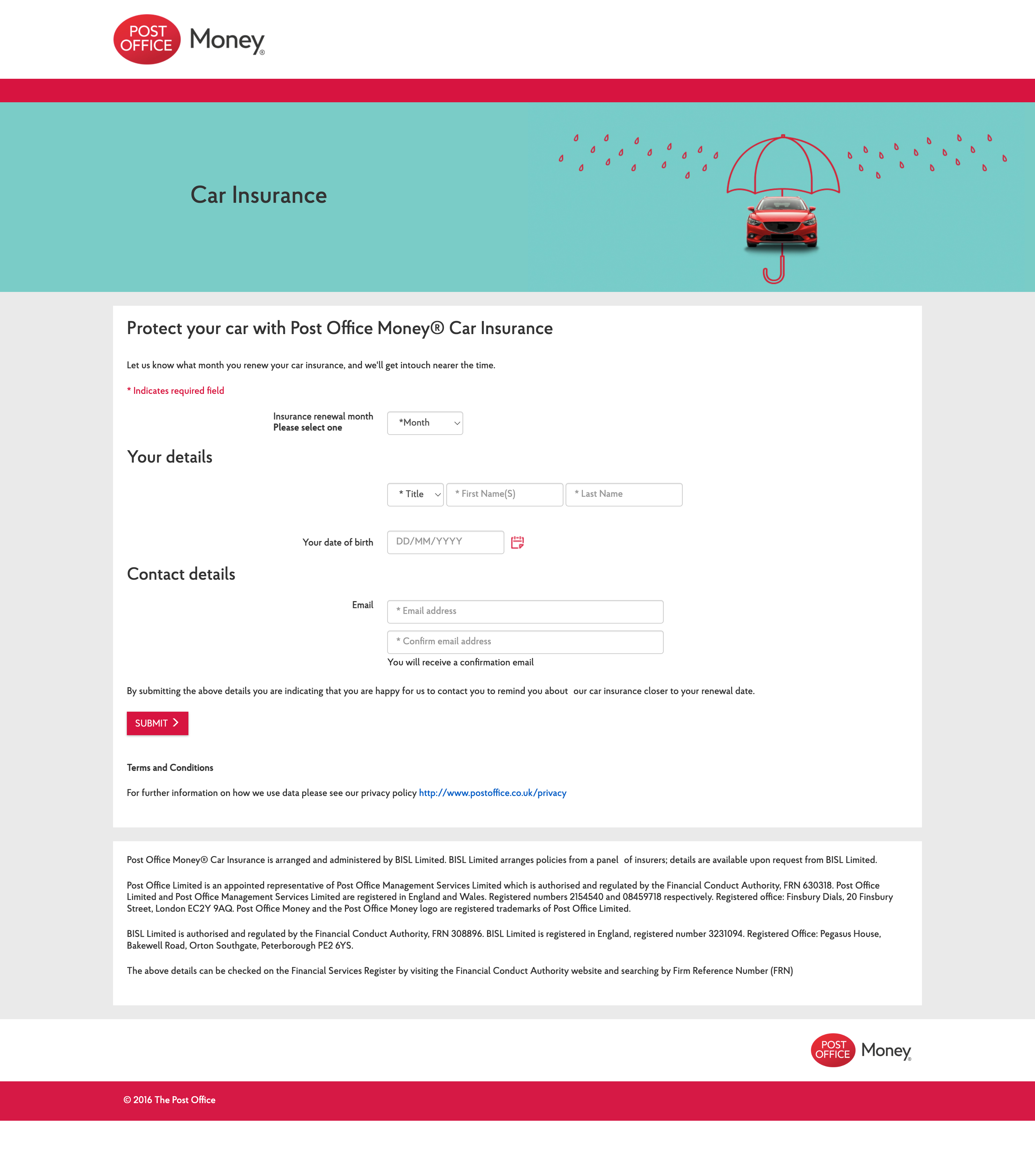 Post Office car insurance landing page